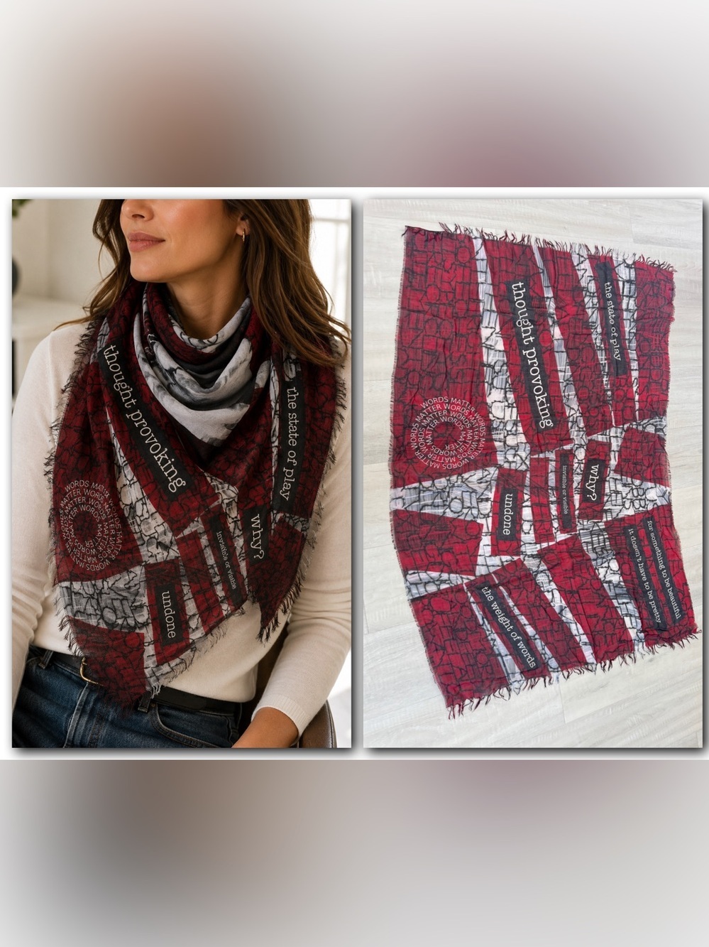 SUZI ROHER Thought Provoking Red Black Graphic Fringe Scarf Wrap Shawl